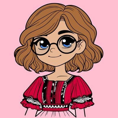 one girl with medium short hair, which are wavy. she has round glasses. she wears a latina outfit.