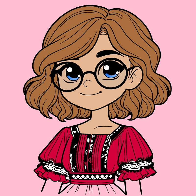 one girl with medium short hair, which are wavy. she has round glasses. she wears a latina outfit.