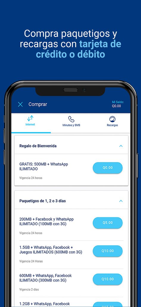 Tigo en Línea - Interfaz de la aplicación móvil Tigo en Línea para comprar paquetes de datos prepago y redes sociales