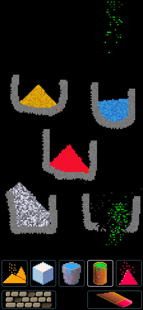 Pixel Sand - digital sandbox - Pixel art sandbox gameplay showing different materials reacting in containers