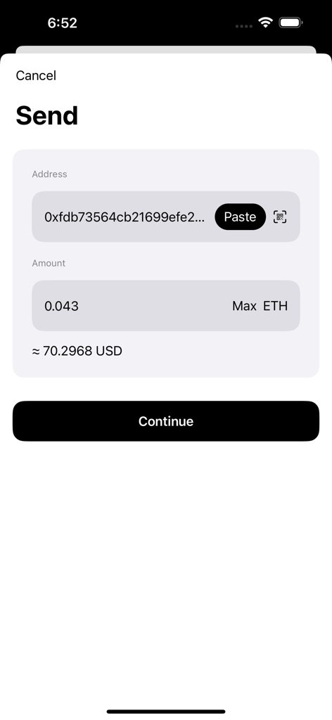 Cryptnox: Your Web3 Wallet - Interfaz para enviar Ethereum en la aplicación de billetera Web3 de Cryptnox mostrando los campos de dirección y cantidad
