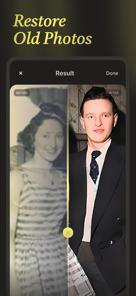 ぼやけたヴィンテージポートレートが高品質に復元された適用前と適用後の比較