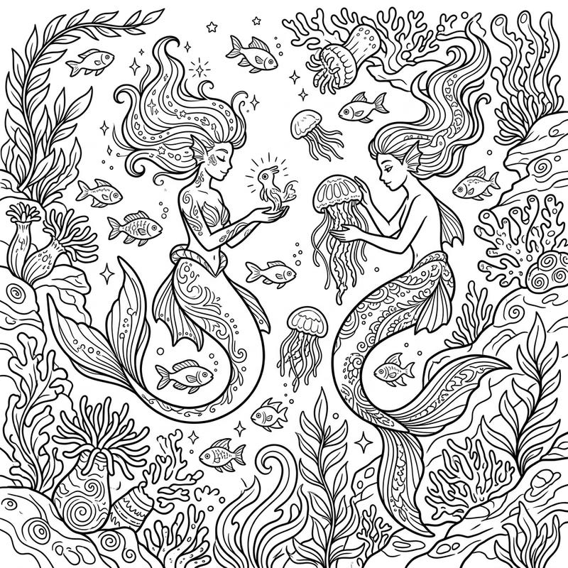 Discover the mysterious beauty of the ocean's depths with this stunning Deep Sea Mermaids coloring page. Immerse yourself in a world of intricate marine life and fantastical mermaids, ready for your creative touch.
