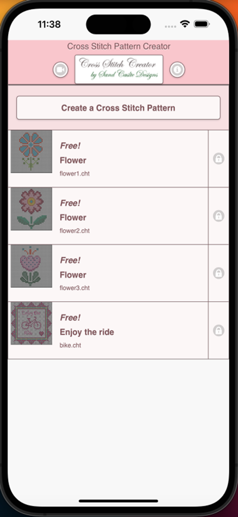 Home screen of the Cross Stitch Pattern Creator app showing a list of free flower and bicycle patterns
