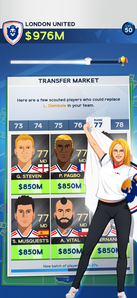 Soccer transfer market screen showing player cards and prices in Idle Eleven