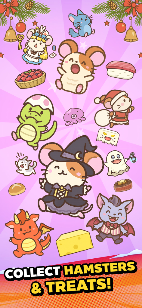 Hamster Jump: Cake Tower! - Um grupo de hamsters fofos em várias fantasias como bruxa, dragão e Papai Noel, cercados por guloseimas como sushi e queijo.