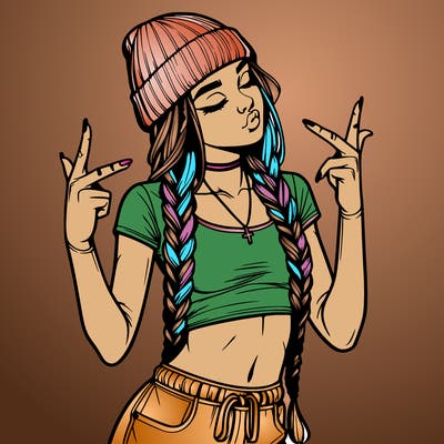 realistic teenage girl with braids and a beanie and crop top doing 🫶🏼