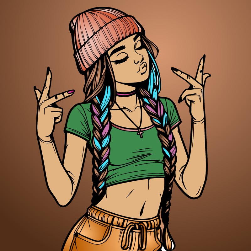 realistic teenage girl with braids and a beanie and crop top doing 🫶🏼