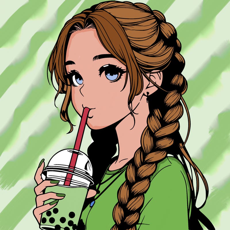 realistic girl with braided hair drinking boba