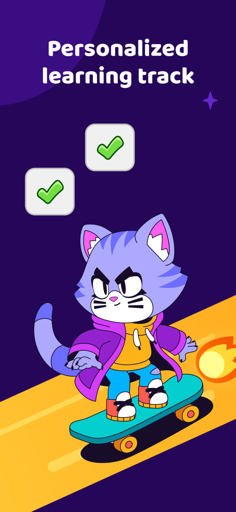 Novakid Champion: Easy English - A purple cartoon cat on a skateboard illustrating a personalized English learning track for children.