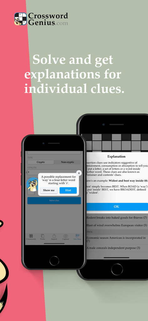 Crossword Genius - Crossword Genius app interface showing cryptic clue explanations and AI hints from Ross the solver