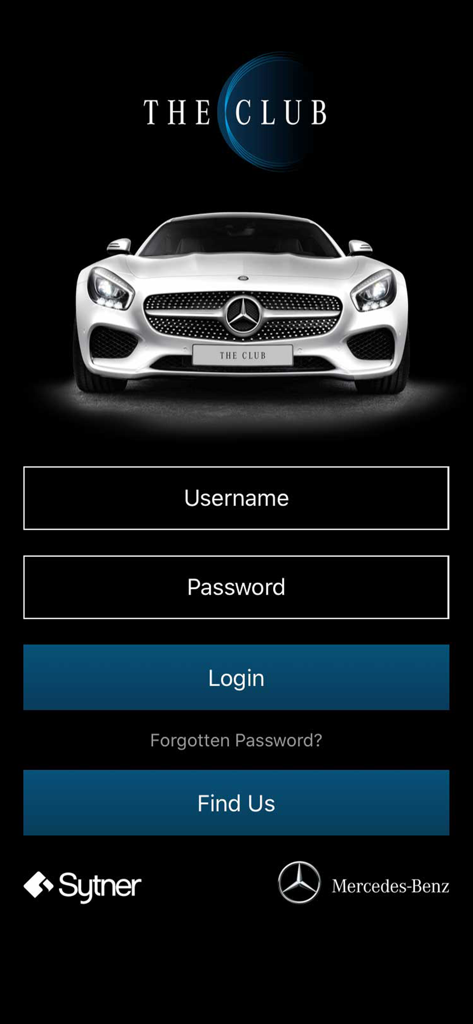 Sytner Mercedes-Benz Club - Pantalla de inicio de sesión de la aplicación Sytner Mercedes-Benz Club con un coche blanco de lujo sobre un fondo oscuro