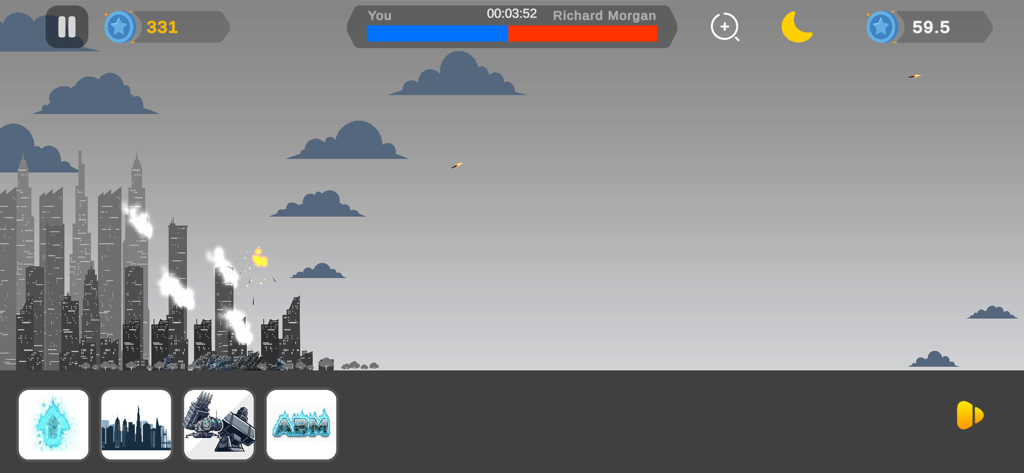 Strategic missile defense gameplay in Rain of Fire ICBM War showing a city under attack with interception systems.