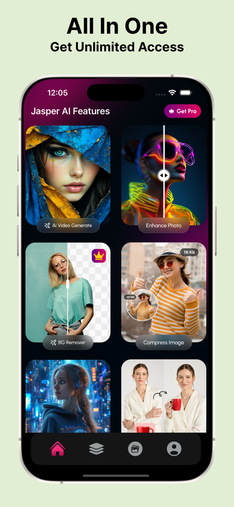 Jasper - AI video Generator - Jasper AI video generator app dashboard with features for video creation and photo editing
