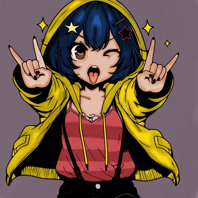 an anime girl,short hair,wearing a hoodie with a jacket on top,wearing jeans,star hair clip on hair,holding up rock and roll sign with both her hand facing forward in the middle,mouth open with tongue sticking out, pointy teeth