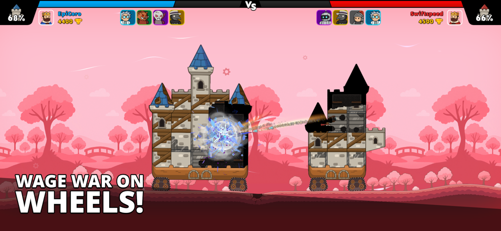 Castle Clashers! - Batalha PvP 1v1 em tempo real entre dois castelos móveis sobre rodas em Castle Clashers