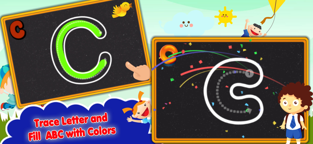 ABC 123 Tracing and Writing - Eine digitale Tafel, die den Buchstaben C mit Nachzeichnungsanleitungen und einer grünen Füllung für Kinder zeigt, die schreiben lernen