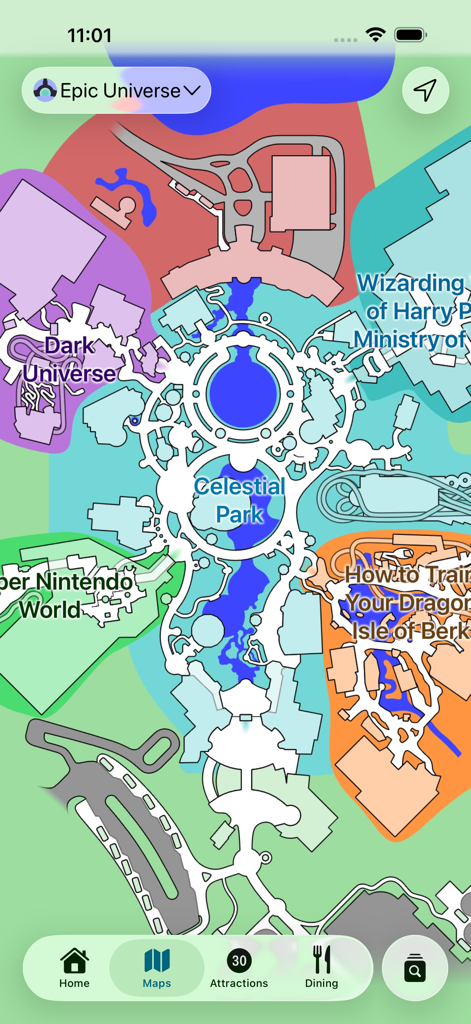 Magic Guide: Universal Orlando - Mapa interactivo del parque Universal Epic Universe que muestra tierras temáticas como Super Nintendo World y Dark Universe.
