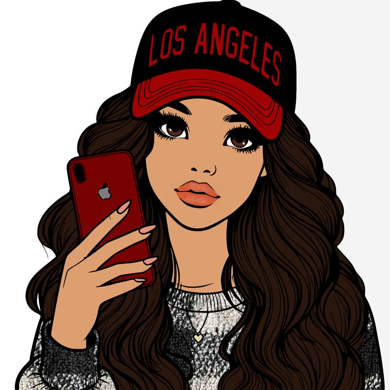 realistic beautiful girl wearing los ángeles cap holding an iphone