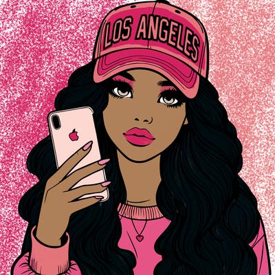 realistic beautiful girl wearing los ángeles cap holding an iphone