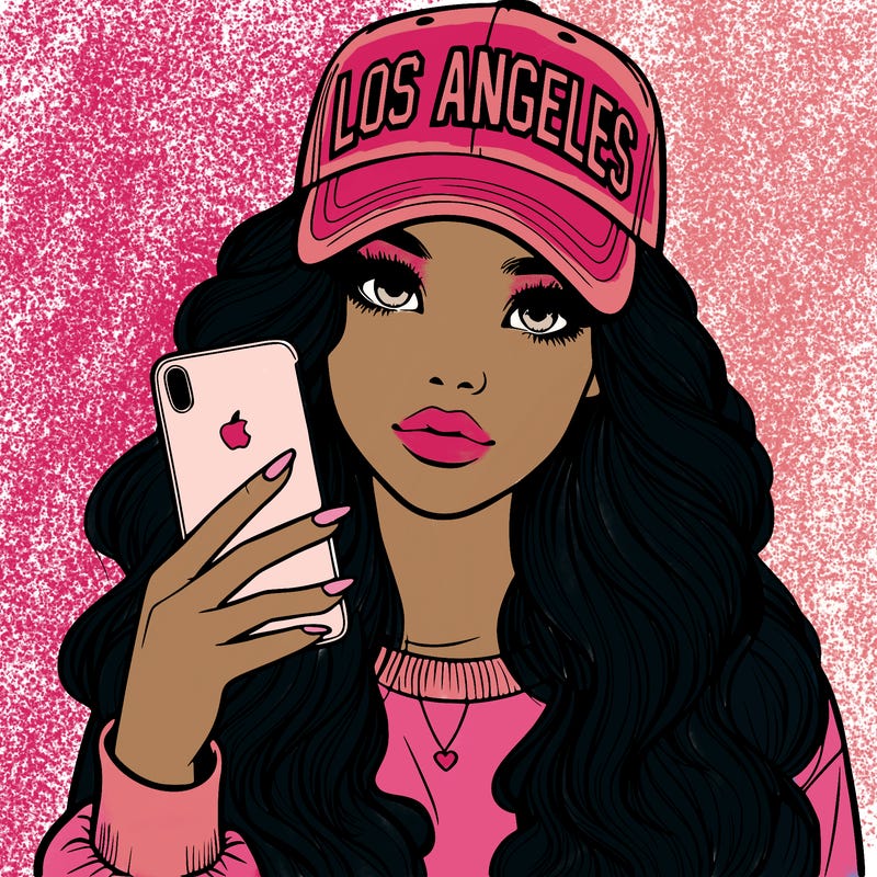 realistic beautiful girl wearing los ángeles cap holding an iphone