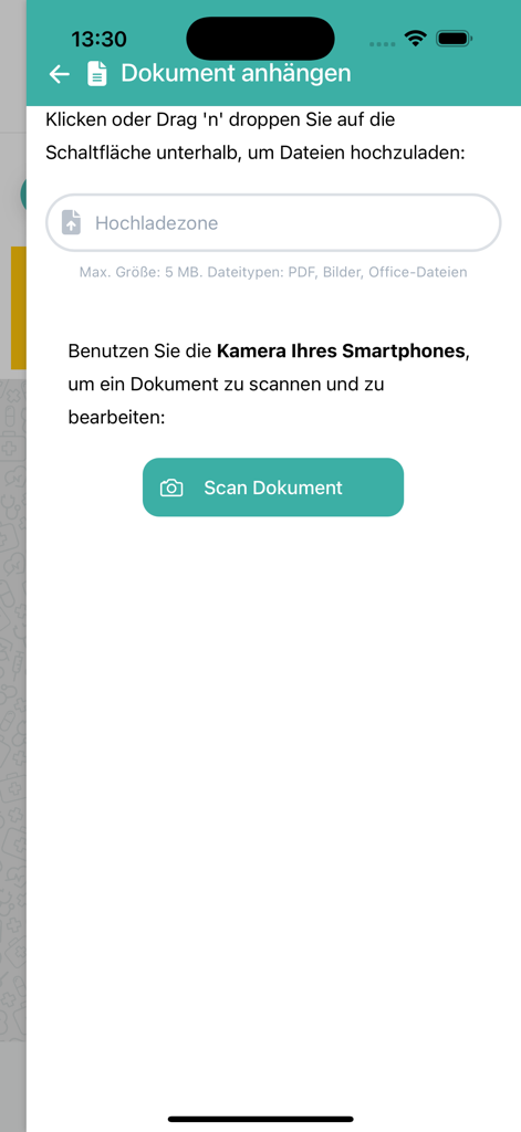 mediprime.app - Oberfläche der mediprime App, die Optionen zum Hochladen von Dateien oder zum Scannen medizinischer Dokumente mit der Smartphone-Kamera anzeigt.