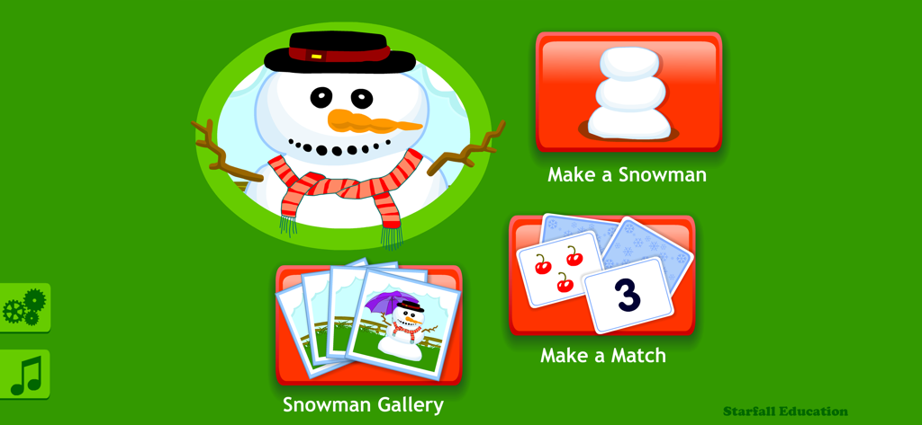 Starfall Snowman - Menú principal de la aplicación educativa Starfall Snowman con botones de actividad para Hacer un Muñeco de Nieve, Hacer un Emparejamiento y Galería de Muñecos de Nieve.