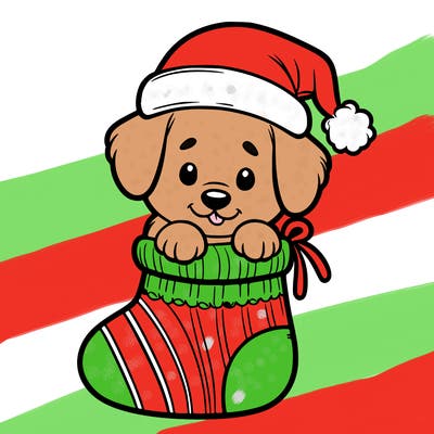 cute puppy wearing santa hat in socking