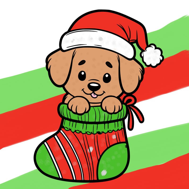 cute puppy wearing santa hat in socking