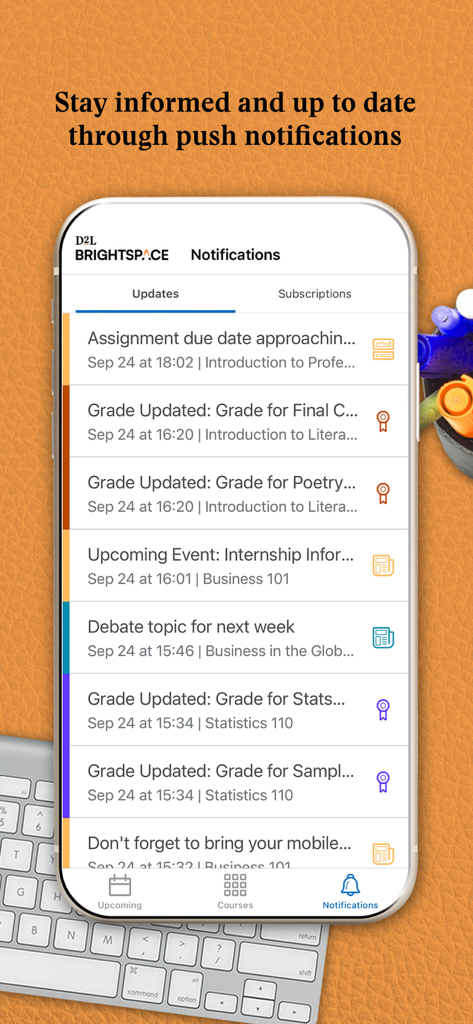 Brightspace Pulse - Brightspace Pulse app screen displaying a list of course notifications including assignment deadlines and grade updates