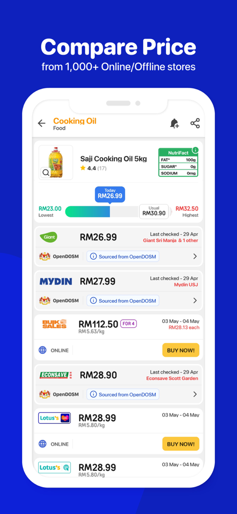 Hargapedia app interface comparing cooking oil prices across multiple online and offline retailers