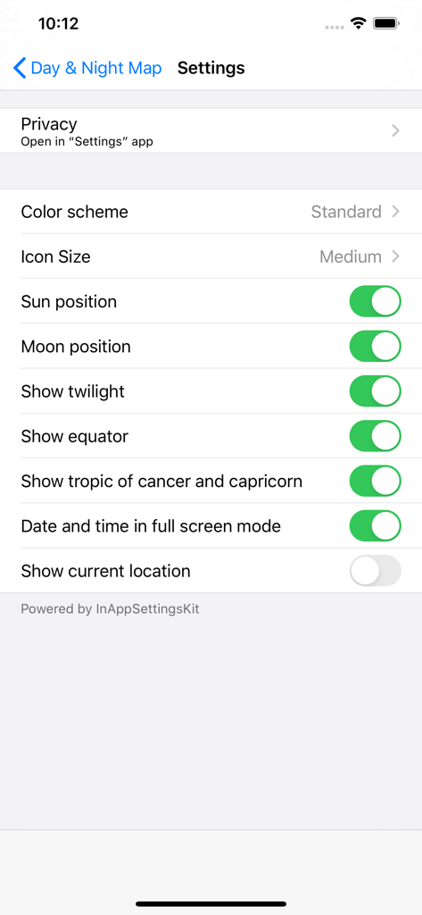 Settings screen for the Day and Night Map app showing options for sun and moon positions and geographic lines