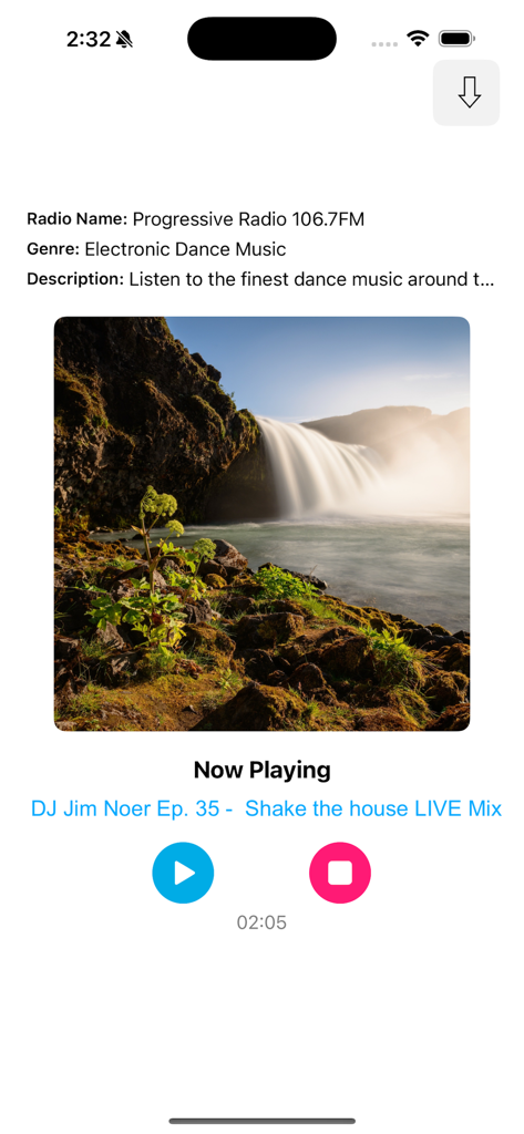 Radio: Create Stations - Écran de lecture en cours de l'application Radio Create Stations présentant une station de radio EDM avec une œuvre d'art en cascade et des commandes de lecture.