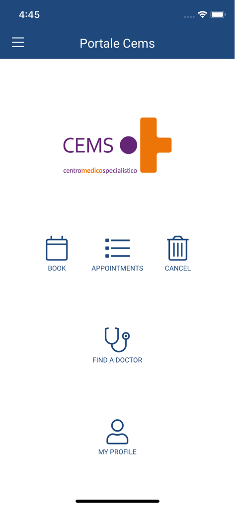 CEMS Verona - Panel de la aplicación móvil CEMS Verona mostrando iconos para reservar citas, encontrar un médico y gestionar el perfil del usuario