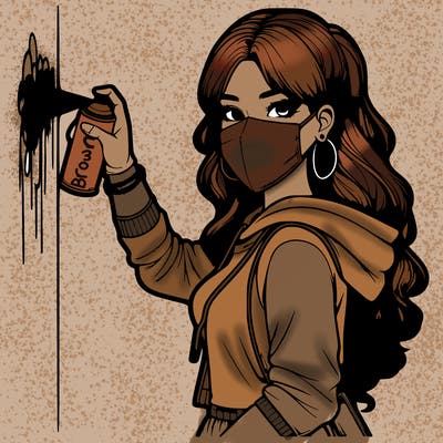 realistic girl with mask spray painting a wall