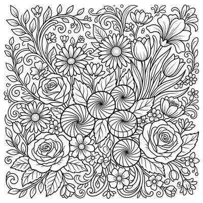 Immerse yourself in a delightful spring garden brimming with blooming flowers and charming spiral mints. This intricate design offers a calming and creative escape for all ages, celebrating the freshness of the season.