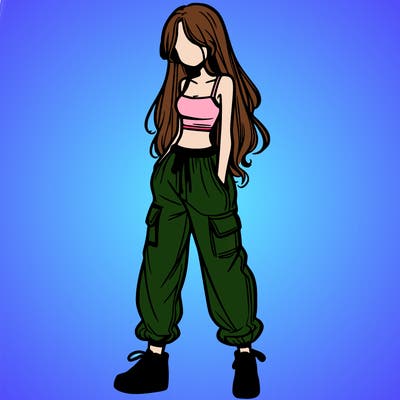 girl in baggy pants crop top and long hair