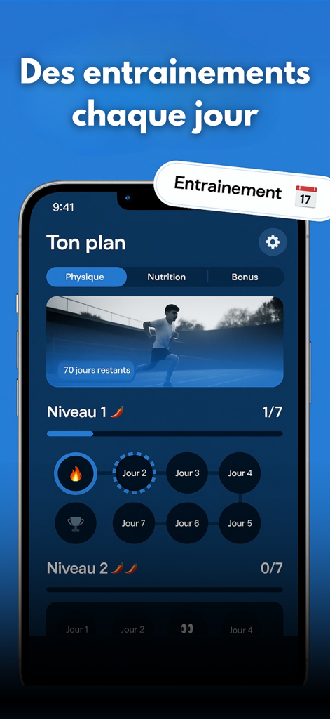 Oberfläche der Grandir-App, die einen täglichen Trainingsplan mit Level-Aufstieg und Trainingsverfolgung anzeigt