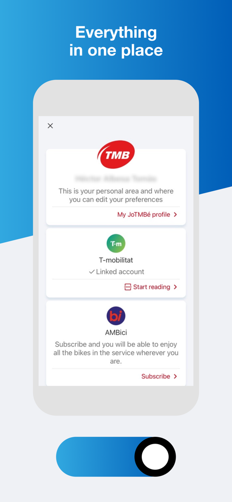 Una pantalla de smartphone que muestra el panel de usuario de la App TMB con servicios de transporte integrados para T-mobilitat y el sistema de bicicletas AMBici
