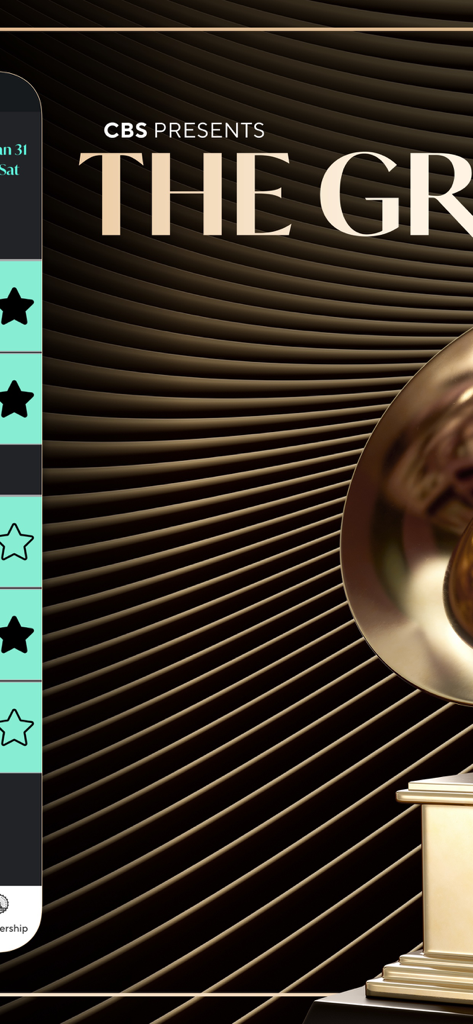 Grammy One - Interfaccia dell'app Grammy One che mostra il trofeo dorato del Grammy Award e una barra laterale con valutazioni a stelle