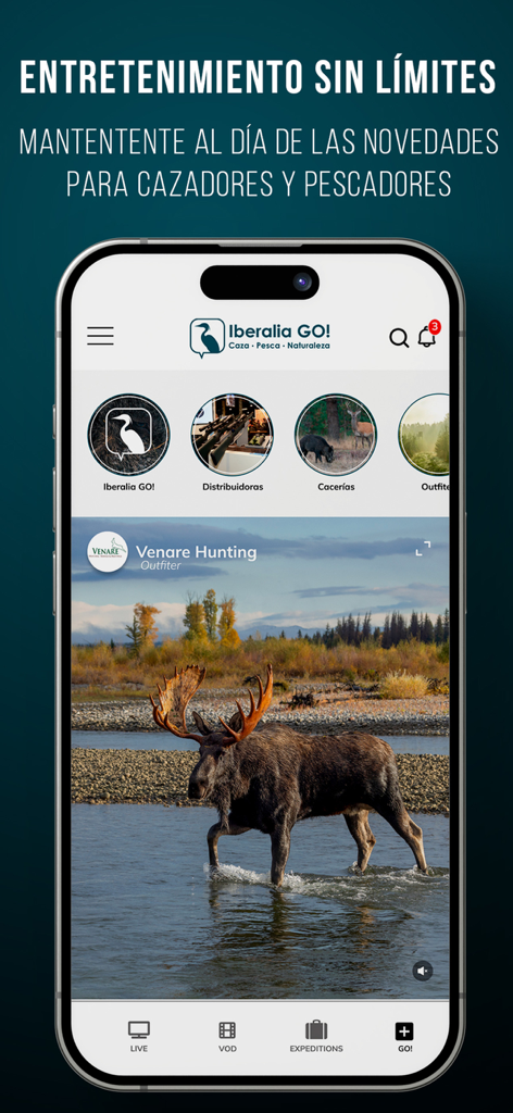 Interfaz de la app móvil Iberalia GO mostrando contenido de video de caza y pesca.