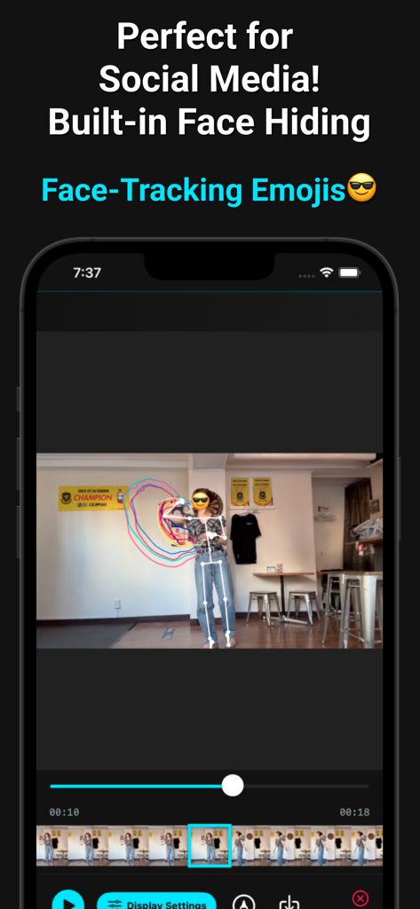 Darts form analysis screen featuring face tracking emoji for privacy and skeletal motion overlays for social media sharing