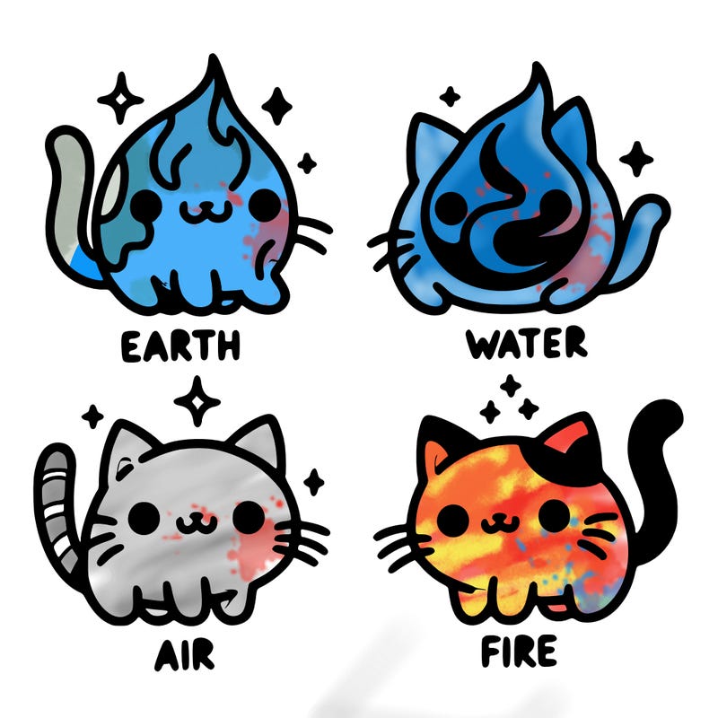 4 cats that represent the different elements, earth, water, air, and fire
