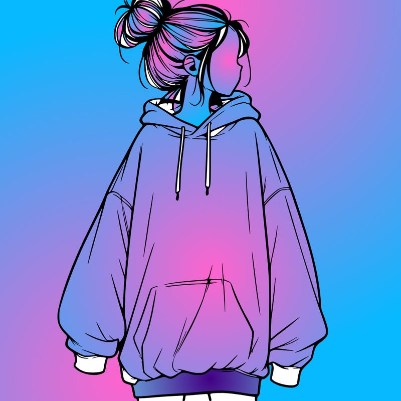realistic girl with a oversized sweatshirt on and a bun