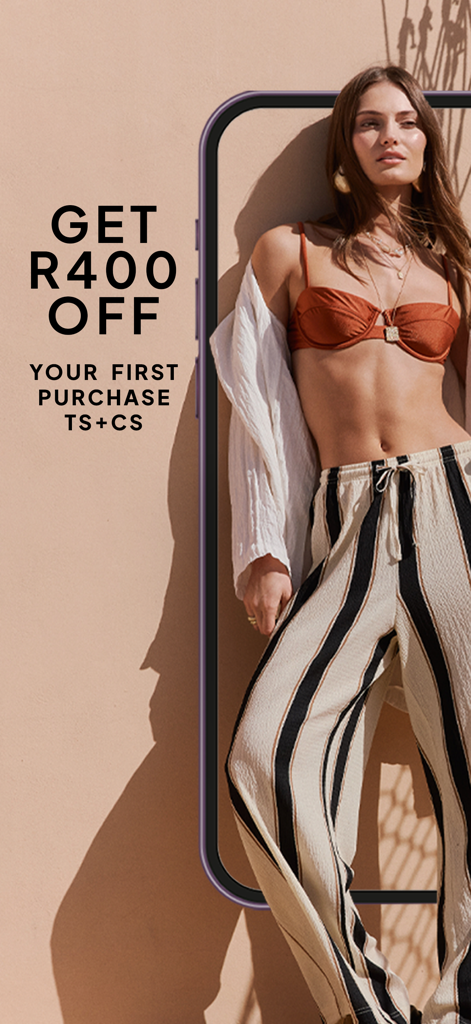 Promotional offer for R400 off first purchase on the Superbalist fashion app featuring a woman in summer attire