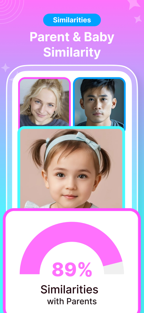 AI Face Generator - Baby Blend - AI赤ちゃんの顔ジェネレーター画面。両親と生成された赤ちゃんの顔の類似性のパーセンテージを表示しています