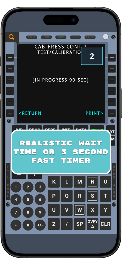 A320 CFDS Trainer - Captura de pantalla de la aplicación Entrenador CFDS A320 que muestra una simulación de prueba BITE MCDU con temporizadores ajustables