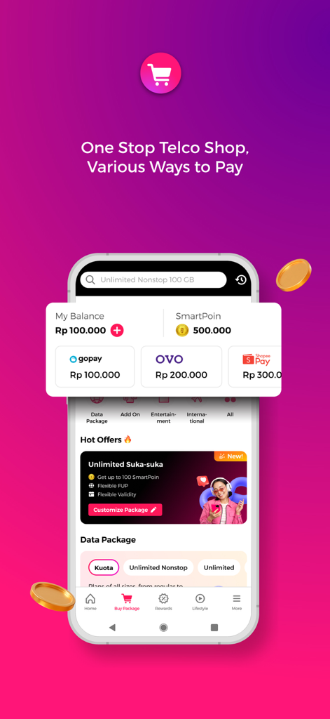 MySmartfren app interface showing balance and digital payment options like GoPay and OVO