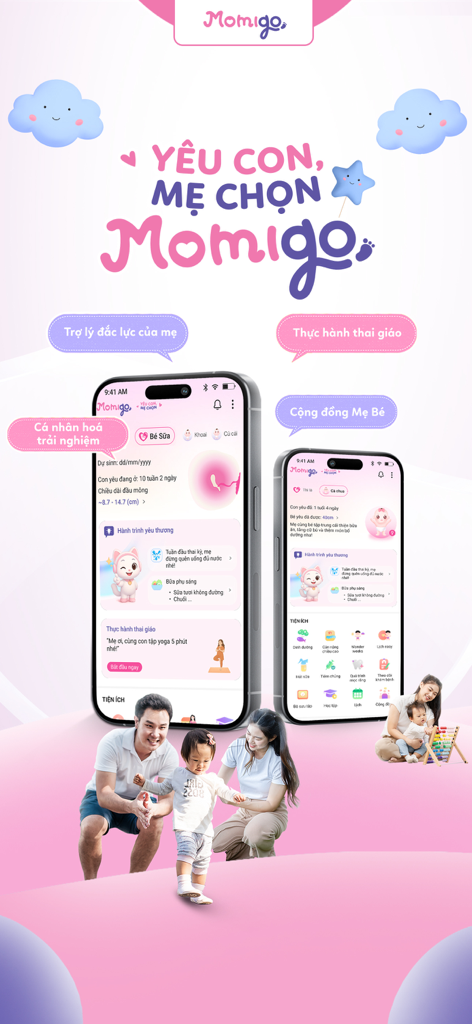 Two smartphones displaying the Momigo app interface for pregnancy and baby tracking with a happy family.