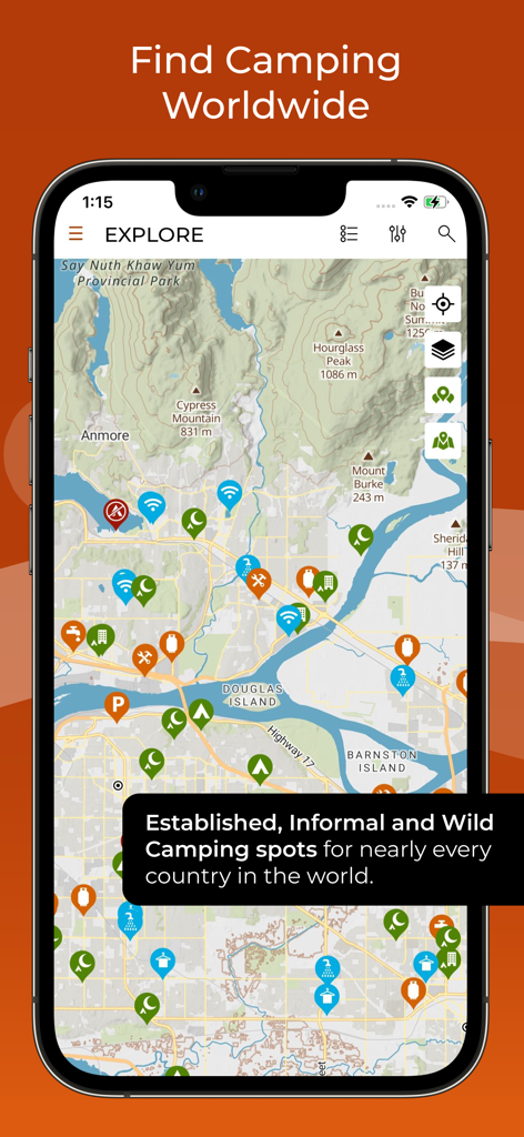 iOverlander 2 app screen showing a map with pins for camping spots and travel essentials